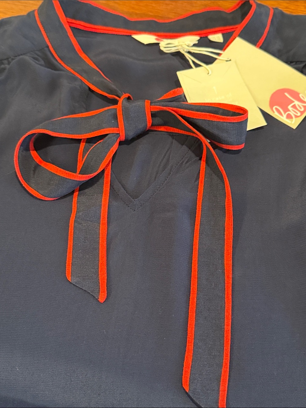 Boden Navy Tie-Neck Long Sleeve Blouse with Red Trim